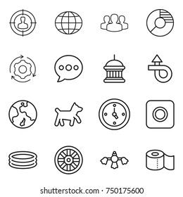 thin line icon set : target audience, globe, group, circle diagram, around gear, balloon, goverment house, trip, earth, dog, watch, ring button, inflatable pool, wheel, hard reach place cleaning