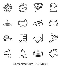 thin line icon set : target, stopwatch, trophy, chess horse, smart bracelet, bike, stadium, car baggage, pool, diving mask, tennis, golf, windsurfing, inflatable