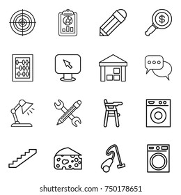 thin line icon set : target, report, pencil, dollar magnifier, abacus, monitor arrow, warehouse, discussion, table lamp, wrench, Chair for babies, washing machine, stairs, cheese, vacuum cleaner