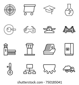 thin line icon set : target, delivery, graduate hat, round flask, cell corection, smart glasses, scales, bridge, church, airport tower, cruise ship, fridge, thermometer, hierarchy, udder