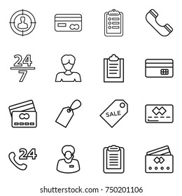 thin line icon set : target audience, card, clipboard, phone, 24 7, woman, credit, label, sale, support manager