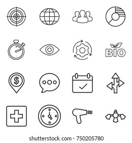 thin line icon set : target, globe, group, circle diagram, stopwatch, eye, around gear, bio, dollar pin, balloon, terms, route, first aid, watch, hair dryer, hard reach place cleaning