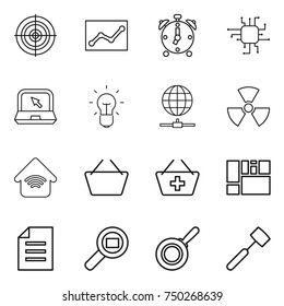 thin line icon set : target, statistics, alarm clock, chip, notebook, bulb, globe connect, nuclear, wireless home, basket, add to, consolidated cargo, document, search, pan, meat hammer