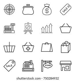 thin line icon set : target, purse, money bag, sale, cashbox, presentation, graph up, basket, add to, shopping, label, store signboard, shop