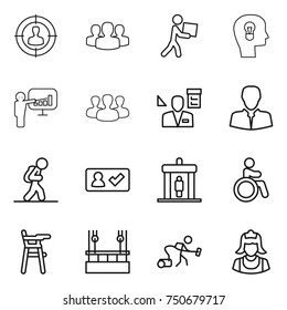 thin line icon set : target audience, group, courier, bulb head, presentation, architector, client, tourist, check in, detector, invalid, Chair for babies, skysrcapers cleaning, vacuum cleaner
