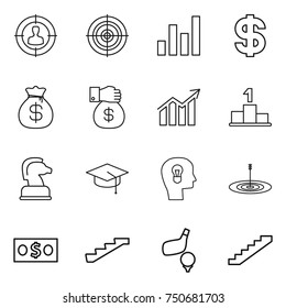 thin line icon set : target audience, graph, dollar, money bag, gift, diagram, pedestal, chess horse, graduate hat, bulb head, stairs, golf