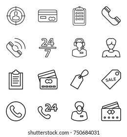 thin line icon set : target audience, card, clipboard, phone, call, 24 7, center, woman, credit, label, sale, support manager