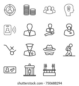 thin line icon set : target audience, coin stack, group, bulb head, pass card, client, support manager, do not trolley sign, security man, confidential, tourist, check in, detector