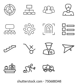 thin line icon set : target audience, hierarchy, group, woman, structure, round around, fingerprint, list, stairs, do not trolley sign, security man, deltaplane, baggage checking, vacuum cleaner