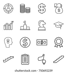 thin line icon set : target audience, coin stack, dollar, money gift, diagram, pedestal, chess horse, graduate hat, bulb head, medal, stairs, clipboard, golf