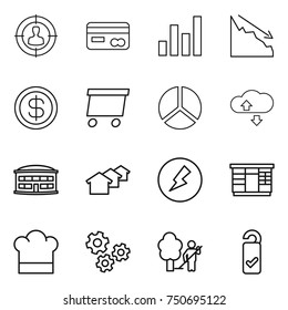 thin line icon set : target audience, card, graph, crisis, dollar, delivery, diagram, cloude service, airport building, houses, electricity, wardrobe, cook hat, gears, garden cleaning, please clean