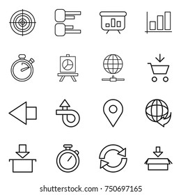 thin line icon set : target, diagram, presentation, graph, stopwatch, globe connect, add to cart, left arrow, trip, geo pin, delivery, package, reload