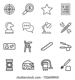 thin line icon set : target, dollar magnifier, star, abacus, chess horse, discussion, table lamp, pencil wrench, check in, Chair for babies, stairs, garlic clasp, pasta, cheese, vacuum cleaner