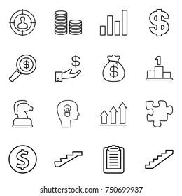 thin line icon set : target audience, coin stack, graph, dollar, magnifier, investment, money bag, pedestal, chess horse, bulb head, up, puzzle, stairs, clipboard