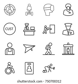 thin line icon set : target audience, hoverboard, virtual mask, support manager, customs, control, courier delivery, security man, workman, deltaplane, tourist, detector, invalid, identity card
