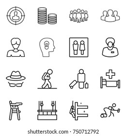 thin line icon set : target audience, coin stack, team, group, woman, bulb head, wc, support manager, confidential, tourist, passenger, hospital, Chair for babies, skysrcapers cleaning, skyscrapers