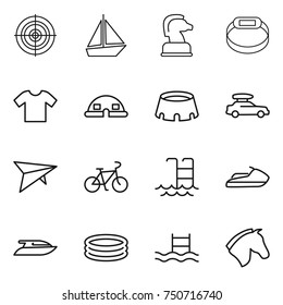 thin line icon set : target, boat, chess horse, smart bracelet, t shirt, dome house, stadium, car baggage, deltaplane, bike, pool, jet ski, yacht, inflatable thin line icon set : target, boat, chess horse, smart bracelet, t shirt, dome house, stadium, car baggage, deltaplane, bike, pool, jet ski, yacht, inflatable