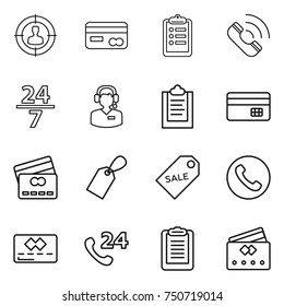 thin line icon set : target audience, card, clipboard, call, 24 7, center, credit, label, sale, phone