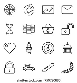 thin line icon set : target, circle diagram, statistics, mail, dna, server, add to basket, unlock, heart, spark plug, info, goverment house, lock, car baggage, stairs, peas