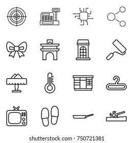 thin line icon set : target, cashbox, chip, molecule, bow, arch, building, repair, restaurant, thermometer, wardrobe, hanger, tv, slippers, pan, soil cutter