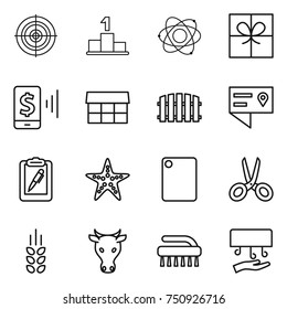 thin line icon set : target, pedestal, atom, gift, mobile pay, market, fence, location details, clipboard pen, starfish, cutting board, scissors, spikelets, cow, brush, hand dryer