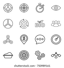 Thin Line Icon Set : Target Audience, Stopwatch, Eye, Diagram, Around Gear, Bio, Group, Spinner, Dollar Pin, Balloon, Barometer, Washing, Wheel, Gears, Hard Reach Place Cleaning