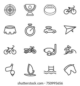 thin line icon set : target, trophy, smart bracelet, bike, stadium, stopwatch, car baggage, deltaplane, motorcycle, diving mask, surfer, golf, windsurfing, pool, horse