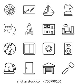 thin line icon set : target, statistics, boat, chess horse, discussion, hoverboard, modular house, city, earth, power switch, ring button, speaker, kettle, door, garage, meat hammer