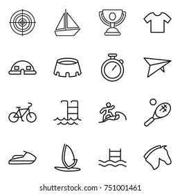 thin line icon set : target, boat, trophy, t shirt, dome house, stadium, stopwatch, deltaplane, bike, pool, surfer, tennis, jet ski, windsurfing, horse