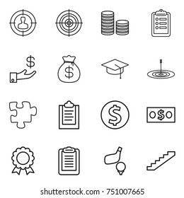 thin line icon set : target audience, coin stack, clipboard, investment, money bag, graduate hat, puzzle, dollar, medal, golf, stairs