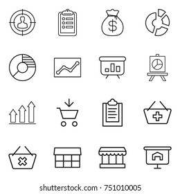 thin line icon set : target audience, clipboard, money bag, circle diagram, statistics, presentation, graph up, add to cart, basket, delete, market