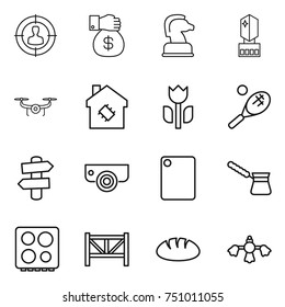 thin line icon set : target audience, money gift, chess horse, crystall memory, drone, smart house, perishable, tennis, signpost, surveillance camera, cutting board, turk, hob, farm fence, bread