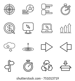 thin line icon set : target, diagram, stopwatch, dollar arrow, monitor, notebook, graph up, cloude service, right, left, signpost, recycling, package