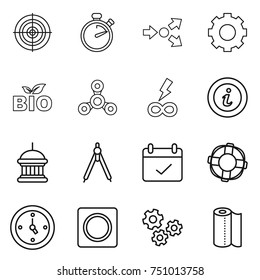 thin line icon set : target, stopwatch, core splitting, gear, bio, spinner, infinity power, info, goverment house, drawing compasses, terms, lifebuoy, watch, ring button, gears, paper towel