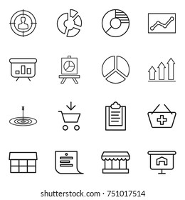 thin line icon set : target audience, circle diagram, statistics, presentation, graph up, add to cart, clipboard, basket, market, shopping list