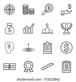 thin line icon set : target, coin stack, dollar magnifier, investment, money bag, diagram, pedestal, trophy, bulb head, clipboard, medal, stairs