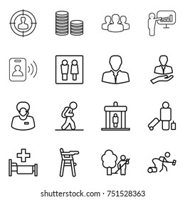thin line icon set : target audience, coin stack, group, presentation, pass card, wc, client, support manager, tourist, detector, passenger, hospital, Chair for babies, garden cleaning
