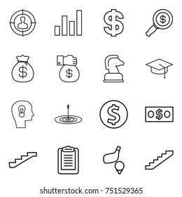 thin line icon set : target audience, graph, dollar, magnifier, money bag, gift, chess horse, graduate hat, bulb head, coin, stairs, clipboard, golf