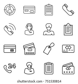 thin line icon set : target audience, card, clipboard, phone, call, center, woman, credit, label, 24, support manager