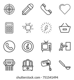 thin line icon set : target, pencil, phone, heart, calculator, chip, lightning, remove from basket, info, tv, courier delivery, antique column, dresser, mixer, ladle