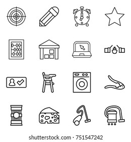 thin line icon set : target, pencil, alarm clock, star, abacus, warehouse, notebook, drawbridge, check in, Chair for babies, washing machine, walnut crack, pasta, cheese, vacuum cleaner