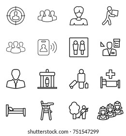 thin line icon set : target audience, group, woman, courier, pass card, wc, architector, client, detector, passenger, hospital, bed, Chair for babies, garden cleaning, outsource