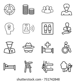 thin line icon set : target audience, coin stack, group, woman, bulb head, pass card, wc, client, security man, confidential, hospital, invalid, bed, Chair for babies, skyscrapers cleaning, garden