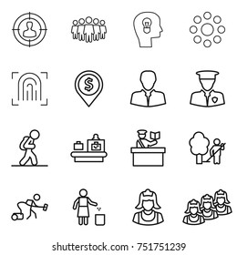 thin line icon set : target audience, team, bulb head, round around, fingerprint, dollar pin, client, security man, tourist, baggage checking, inspector, garden cleaning, vacuum cleaner, garbage bin