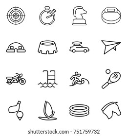 thin line icon set : target, stopwatch, chess horse, smart bracelet, dome house, stadium, car baggage, deltaplane, motorcycle, pool, surfer, tennis, golf, windsurfing, inflatable