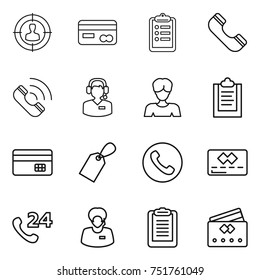 thin line icon set : target audience, card, clipboard, phone, call, center, woman, credit, label, 24, support manager