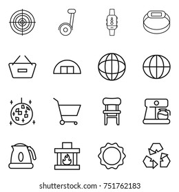 thin line icon set : target, segway, smart watch, bracelet, remove from basket, hangare, globe, disco ball, cart, chair, coffee maker, kettle, fireplace, induction oven, recycling