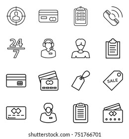 thin line icon set : target audience, card, clipboard, call, 24 7, center, woman, credit, label, sale, support manager