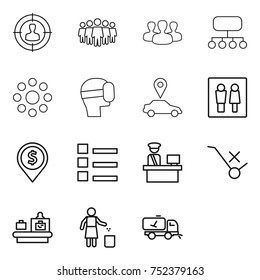 thin line icon set : target audience, team, group, structure, round around, virtual mask, car pointer, wc, dollar pin, list, customs control, do not trolley sign, baggage checking, garbage bin