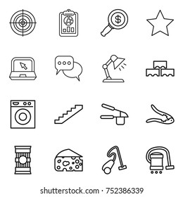 thin line icon set : target, report, dollar magnifier, star, notebook, discussion, table lamp, block wall, washing machine, stairs, garlic clasp, walnut crack, pasta, cheese, vacuum cleaner